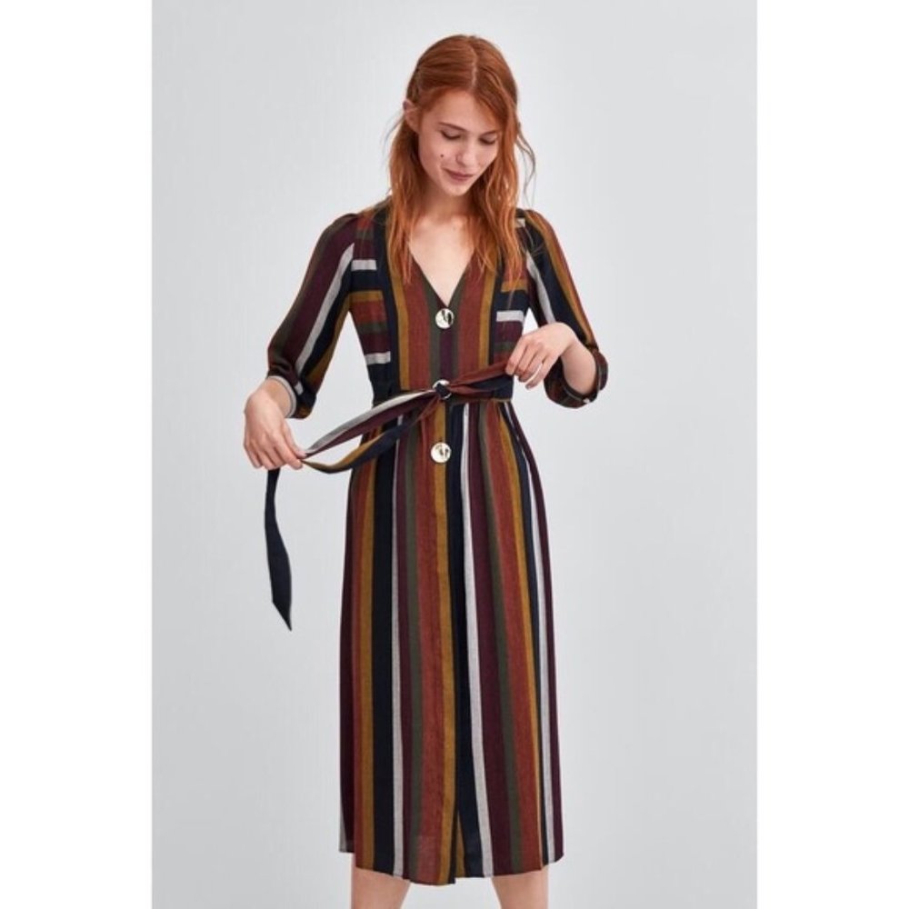 Zara Multi-Stripe Midi Dress in Burgundy, Mustard, Olive and Navy